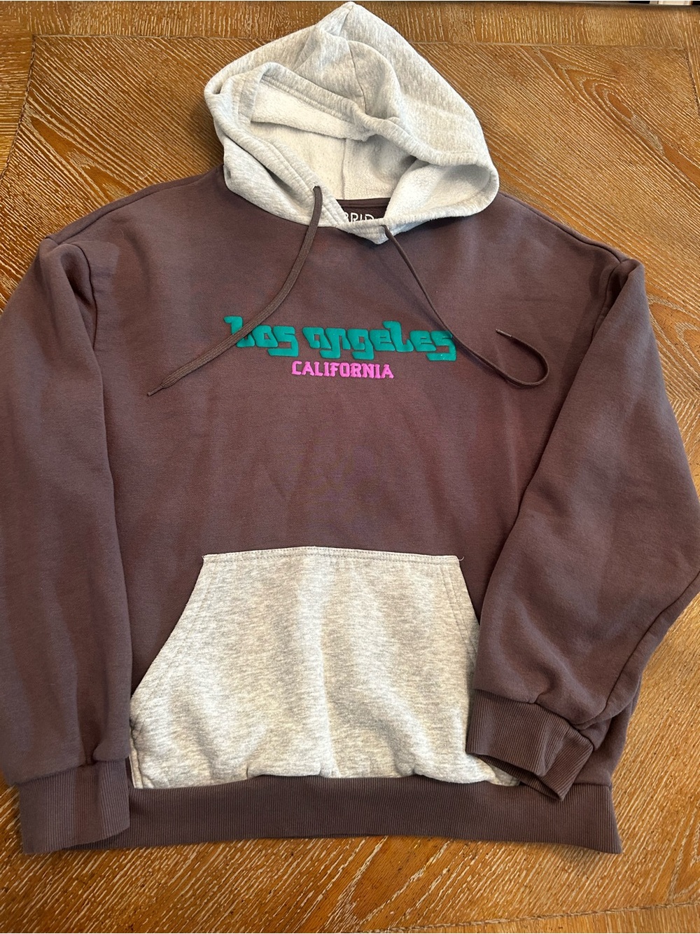 Hybrid Apparel Two-Tone Hoodie - Brown & Gray with Teal & Pink Embroidery